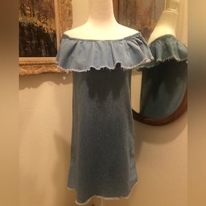 Poof! Light Chambray Frayed Off The Shoulder Dress